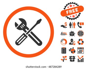 Spanner and Screwdriver pictograph with free bonus pictures. Vector illustration style is flat iconic bicolor symbols, orange and gray colors, white background.