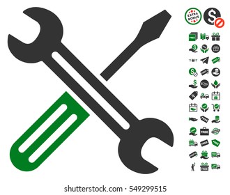 Spanner and Screwdriver pictograph with free bonus icon set. Vector illustration style is flat iconic symbols, green and gray colors, white background.