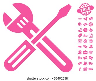 Spanner and Screwdriver pictograph with free bonus pictures. Vector illustration style is flat iconic symbols, pink color, white background.
