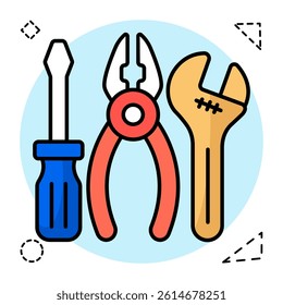 Spanner, screwdriver and plier denoting concept of repair tools