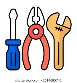 Spanner, screwdriver and plier denoting concept of repair tools