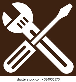 Spanner And Screwdriver vector icon. Style is flat symbol, white color, rounded angles, brown background.