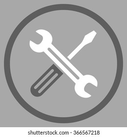 Spanner And Screwdriver vector icon. Style is bicolor flat circled symbol, dark gray and white colors, rounded angles, silver background.