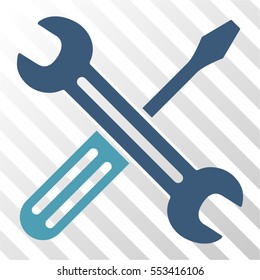 Spanner and Screwdriver vector pictograph. Illustration style is flat iconic bicolor cyan and blue symbol on a hatched transparent background.