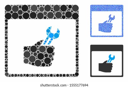 Spanner service hand calendar page mosaic of filled circles in variable sizes and color hues, based on spanner service hand calendar page icon.