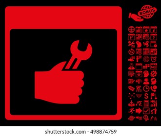 Spanner Service Hand Calendar Page icon with bonus calendar and time management icon set. Vector illustration style is flat iconic symbols, red, black background.