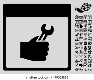 Spanner Service Hand Calendar Page pictograph with bonus calendar and time management images. Vector illustration style is flat iconic symbols, black, light gray background.