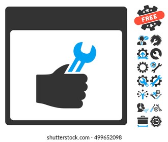 Spanner Service Hand Calendar Page pictograph with bonus configuration pictograms. Vector illustration style is flat iconic symbols, blue and gray, white background.