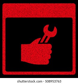 Spanner Service Hand Calendar Page grainy textured icon for overlay watermark stamps. Flat symbol with dust texture. Dotted vector red ink rubber seal stamp with grunge design on a black background.