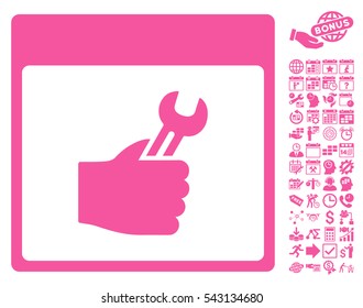 Spanner Service Hand Calendar Page pictograph with bonus calendar and time management symbols. Vector illustration style is flat iconic symbols, pink, white background.