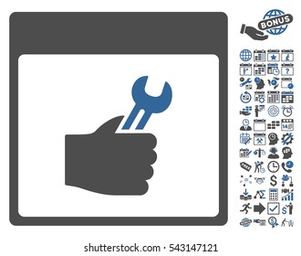 Spanner Service Hand Calendar Page icon with bonus calendar and time management images. Vector illustration style is flat iconic symbols, cobalt and gray, white background.