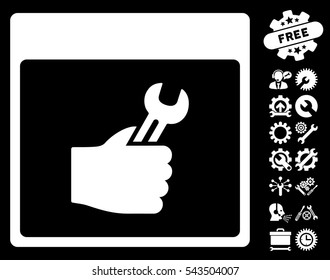 Spanner Service Hand Calendar Page pictograph with bonus configuration pictograms. Vector illustration style is flat iconic symbols, white, black background.