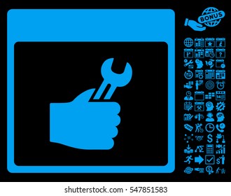 Spanner Service Hand Calendar Page pictograph with bonus calendar and time management images. Vector illustration style is flat iconic symbols, blue, black background.