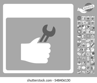 Spanner Service Hand Calendar Page pictograph with bonus calendar and time management pictures. Vector illustration style is flat iconic symbols, dark gray and white, silver background.