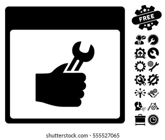 Spanner Service Hand Calendar Page pictograph with bonus setup tools images. Vector illustration style is flat iconic symbols, black, white background.