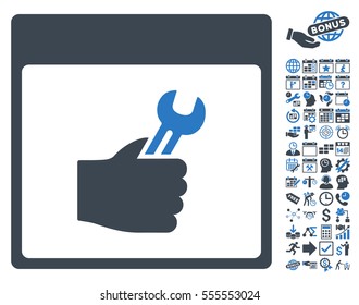 Spanner Service Hand Calendar Page pictograph with bonus calendar and time management design elements. Vector illustration style is flat iconic symbols, smooth blue, white background.