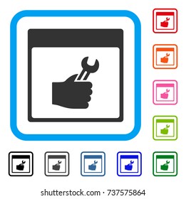 Spanner Service Hand Calendar Page icon. Flat grey pictogram symbol inside a light blue rounded rectangular frame. Black, gray, green, blue, red,