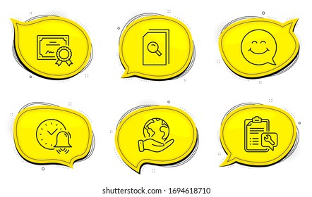 Signo de español. Certificado de diploma, salva burbujas de chat del planeta. Archivos de búsqueda, iconos de la cara de sonrisa y de la línea de campana de alarma definidos. Vidrio de aumento, Chat, Tiempo.Servicio de reparación. Conjunto tecnológico. Vector