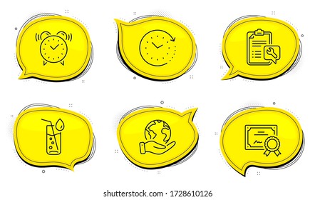 Spanner sign. Diploma certificate, save planet chat bubbles. Water glass, Time change and Alarm clock line icons set. Soda drink, Clock, Time. Repair service. Business set. Outline icons set. Vector