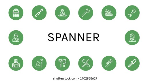 spanner simple icons set. Contains such icons as Engineer, Screwdriver, Wrench, Worker, Under construction, Tool, Tools, Pipe wrench, Mechanic, can be used for web, mobile and logo
