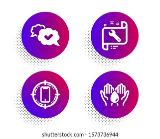 Spanner, Smartphone target and Approved icons simple set. Halftone dots button. Safe water sign. Repair service, Phone, Comic message. Hold drop. Technology set. Classic flat spanner icon. Vector