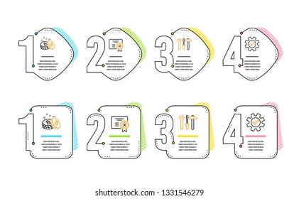 Spanner tool, Bitcoin and Reject certificate icons simple set. Service sign. Repair screwdriver, Cryptocurrency coin, Decline file. Cogwheel gear. Technology set. Infographic timeline. Vector
