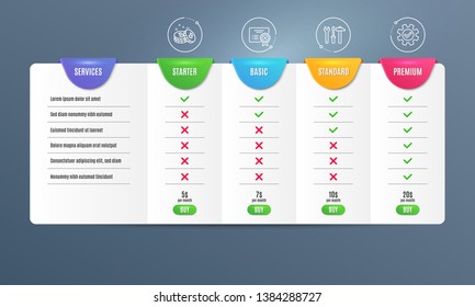 Spanner tool, Bitcoin and Reject certificate icons simple set. Comparison table. Service sign. Repair screwdriver, Cryptocurrency coin, Decline file. Cogwheel gear. Technology set. Vector
