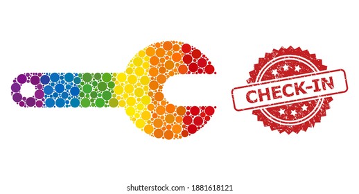 Spanner tool collage icon of filled circle blots in various sizes and LGBT colorful color hues, and Check-In rubber rosette stamp seal. A dotted LGBT-colored Spanner tool for lesbians, gays,