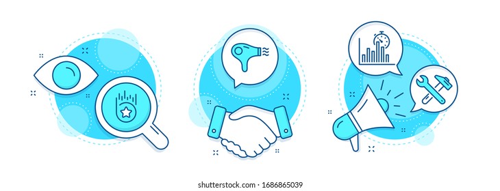 Spanner tool, Hair dryer and Loyalty star line icons set. Handshake deal, research and promotion complex icons. Report timer sign. Repair, Hairdryer, Bonus reward. Growth chart. Technology set. Vector