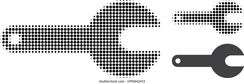 Spanner tool halftone dotted icon. Halftone array contains round pixels. Vector illustration of spanner tool icon on a white background.