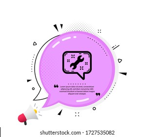 icono de la herramienta de expansión. Burbuja del discurso de citas. Señal de chat del servicio de reparación. Fijar símbolo de instrumentos. Marcas de citado. Icono de spanner clásico. Vector