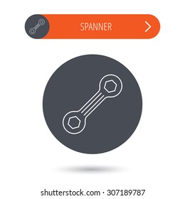 Spanner tool icon. Repairing service sign. Gray flat circle button. Orange button with arrow. Vector