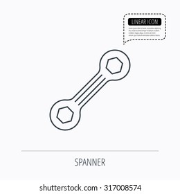 Spanner tool icon. Repairing service sign. Linear outline icon. Speech bubble of dotted line. Vector