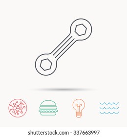 Spanner tool icon. Repairing service sign. Global connect network, ocean wave and burger icons. Lightbulb lamp symbol.