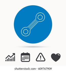 Spanner tool icon. Repairing service sign. Calendar, attention sign and growth chart. Button with web icon. Vector