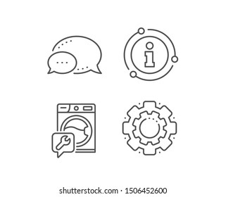 Spanner tool line icon. Chat bubble, info sign elements. Washing machine repair service sign. Linear washing machine outline icon. Information bubble. Vector