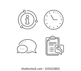 Spanner tool line icon. Chat bubble, info sign elements. Repair service checklist sign. Fix instruments symbol. Linear spanner outline icon. Information bubble. Vector