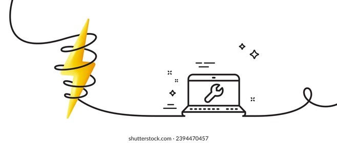 Icono de la línea de herramientas del distribuidor. Una línea continua con curl. Señal del servicio de reparación de portátiles. Fijar símbolo de instrumentos. Cinta de contorno simple de reparación de portátiles. Curva de bucle con energía. Vector