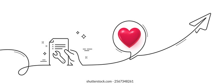 Spanner tool line icon. Continuous line with share plane. Repair service document sign. Fix instruments symbol. 3d heart in speech bubble. Repair document single line ribbon. Vector