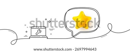 Spanner tool line icon. Continuous line with 3d star. Laptop repair service sign. Fix instruments symbol. 3d star in speech bubble. Laptop repair single line ribbon. Loop curve pattern. Vector