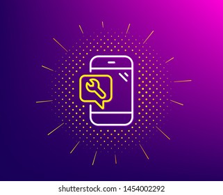 Spanner tool line icon. Halftone pattern. Phone repair service sign. Fix instruments symbol. Gradient background. Phone repair line icon. Yellow halftone pattern. Vector