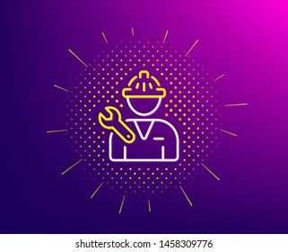 Spanner tool line icon. Halftone pattern. Repairman service sign. Fix instruments symbol. Gradient background. Repairman line icon. Yellow halftone pattern. Vector