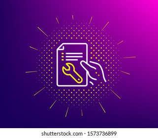 Spanner tool line icon. Halftone pattern. Repair service document sign. Fix instruments symbol. Gradient background. Repair document line icon. Yellow halftone pattern. Vector