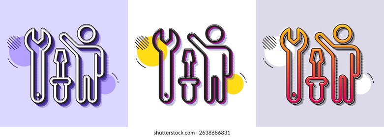 Spanner tool line icon. Halftone dotted pattern. Gradient icon with grain shadow. Repairman service sign. Fix instruments symbol. Line repairman icon. Various designs. Vector