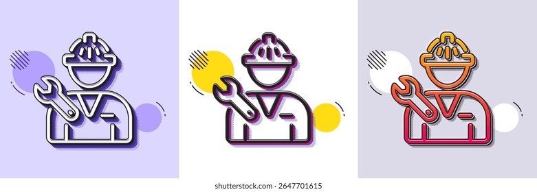 Ícone de linha da ferramenta Spanner. Padrão pontilhado de meio-tom. Ícone de gradiente com sombra de grão. Sinal de serviço de reparador. Símbolo de conserto de instrumentos. Ícone do reparador de linha. Vários desenhos. Vetor