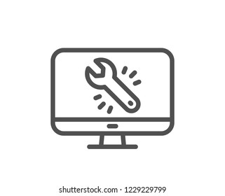 Spanner tool line icon. Monitor or computer repair service sign. Fix instruments symbol. Quality design flat app element. Editable stroke Monitor repair icon. Vector