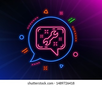 Spanner tool line icon. Neon laser lights. Repair service chat sign. Fix instruments symbol. Glow laser speech bubble. Neon lights chat bubble. Banner badge with spanner icon. Vector