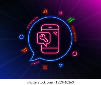 Spanner tool line icon. Neon laser lights. Phone repair service sign. Fix instruments symbol. Glow laser speech bubble. Neon lights chat bubble. Banner badge with phone repair icon. Vector