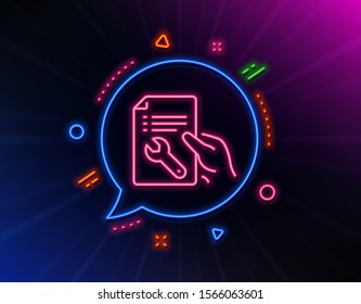 Spanner tool line icon. Neon laser lights. Repair service document sign. Fix instruments symbol. Glow laser speech bubble. Neon lights chat bubble. Banner badge with repair document icon. Vector