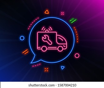 Spanner tool line icon. Neon laser lights. Car repair service sign. Fix instruments symbol. Glow laser speech bubble. Neon lights chat bubble. Banner badge with car service icon. Vector